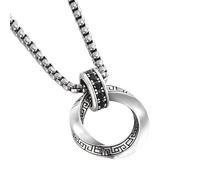 crayfomo Elegant Silver-Tone Interlocking Ring Pendant Necklace with Black CZ Accents Greek Key Pattern Design for Men Women