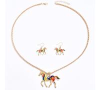 crayfomo Equestrian Jewelry Set - Colorful Enamel Pony Pendant Necklace & Stud Earrings, 60+5cm Gold Tone Layering Chain for Women (22g)