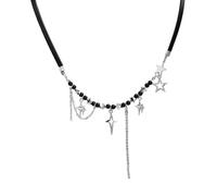 crayfomo Four-Pointed Star Beaded Necklace: Black Bead & Silver Star Charm Choker with Leather Chain & Tassel Dangles - Edgy Y2K Grunge Aesthetic Jewelry for Women