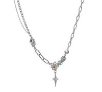 crayfomo Layered Moonstone Star Necklace - Silver Paperclip & Cable Chain with Iridescent Gemstones & North Star Charm, Elegant Everyday Jewelry