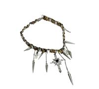 crayfomo Leopard Print Choker Necklace with Cross Pendant Spike Charm Punk Gothic Jewelry for Women Fashion Accessories Metal Chain Collar with Dangle Spikes and Crucifix
