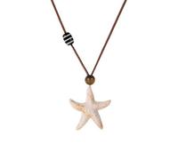 crayfomo Long Pendant Necklace with Seaside Starfish Charm, Brown Cord, Black Textured Beads - Artistic Bohemian Vacation-style for Resorts