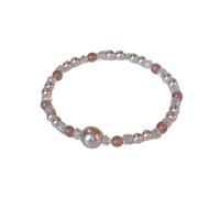 crayfomo Rose Quartz Strawberry Crystal Pearl Bracelet, Pink Silver Tone Small Beaded Elastic, for Women Girls Daily Wear Gift
