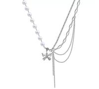 crayfomo Silver Butterfly Pearl Tassel Necklace | Multi-Strand Layered Chain Fashion Jewelry for Women.