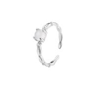 crayfomo Silver Plated Copper Adjustable Open Rings, Moonstone Inspired Cabochon with CZ Accent Textured Band Ring, Delicate Dainty Promise Ring for Women Jewelry Gift