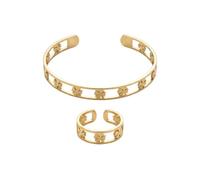 crayfomo Stainless Steel Bracelet Ring Set, Gold Plated Lucky Four-leaf clover 2 Pieces Open Adjustable Jewelry for Women Daily Wear and Gift Giving