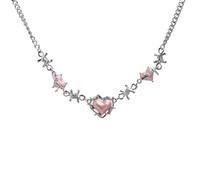crayfomo Sweet & Edgy Love Pearl Necklace, Silver Tone Twisted Thorn Chain with Pink Heart Pendants, Aesthetic Jewelry for Her