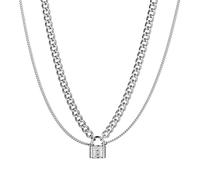 crayfomo Titanium Steel Double Layer Lock Pendant Necklace for Women Men, 2-Layer Chain Bling Cubic Zirconia Lock Charm, Hip Hop Jewelry Gift