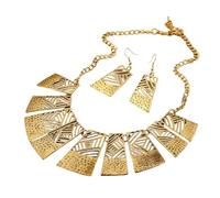 crayfomo Vintage Gold Openwork Necklace & Earring Set, Wavy Chain with Trapezoid Pendant & Irregular Drops, Coordinated Retro Jewelry Collection