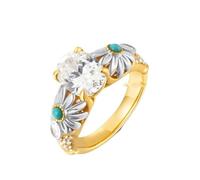 crayfomo Women's Two-Tone Gold-Silver Daisy & Crystal Ring: Floral Turquoise Accent, Dazzling Central Stone, Playful Romantic Style, Durable Dual-Metal Finish, Gift for Bohemian Lovers