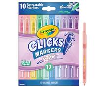 CRAYOLA Clicks - 10 Washable Retractable Capless Felt Tip Markers Assorted Pastel Colouring Pens 2 in 1 Conical Tip for School Home and Travel, Kids and Adults