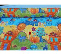 Crayon Kids Drawing Print Fabric - Colourful Houses Animal Home Decor Curtain Cushion Cotton Blend Material - 140cm Wide - Sold by The Metre