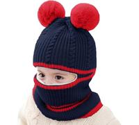 crazy bean Kids Winter Warm Hat, Windproof Hat and Scarf 3-in-1 Toddler Knitted Beanie Hat with Double Pom Pom（Navy Blue）
