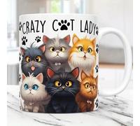 Crazy Cat Lady Coffee Mug, Cute Cat Design with 6 Cats and Paw Prints, White Ceramic