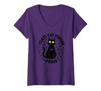 Crazy Cat Person and Proud: Feline Lover's Delight V-Neck T-Shirt, Women, Purple, XXL