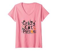 Crazy Cat Person: Feline Lover's Whimsical Art V-Neck T-Shirt, Women, Pink, L