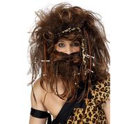 Crazy Caveman Wig Beard Bones Headband Adults Mens Fancy Dress Accessory Brown