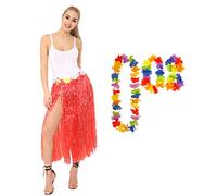 Crazy Chick® 5 in 1 Hawaiian party fancy dress costume set hula skirt flower headband bracelet lei garland necklace for girls women Hawaiian Luau party Hawaii Beach party accessory (Red)