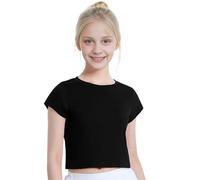 Crazy Chick Girls Plain Short Sleeve Crop Tops, Kids Casual Wear Solid Trendy Fashion Lightweight Summer Gymnastic Dancewear T Shirt, Tee Top UK Age 5-14 Years, (Black - 7-8 Years)
