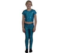 Crazy Chick® Girl's Shiny Mermaid Turquoise Leggings Metallic Fish Scale Tights Mermaid Costume - 9-10 Years