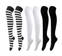 Crazy Chick ® Ladies 3 Pairs Over Knee Thigh Socks Knee-High Sock High Boot Stockings Women Socks for Cosplay, Daily Wear (Plain-Stripe-Black-White)