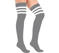 Crazy Chick® Ladies Girls Over the Knee Thigh High Socks - Womens Referee 3 Stripes Cotton Casual Boot Stockings - Long Cheerleader Socks for Daily Wear Sports Cosplay (White with Grey)