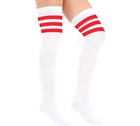 Crazy Chick® Ladies Girls Over the Knee Thigh High Socks - Womens Referee 3 Stripes Cotton Casual Boot Stockings - Long Cheerleader Socks for Daily Wear Sports Cosplay (White with Red)