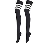 Crazy Chick® Ladies Girls Over the Knee Thigh High Socks - Womens Referee 3 Stripes Cotton Casual Boot Stockings - Long Cheerleader Socks for Daily Wear Sports Cosplay (Black with White)