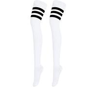 Crazy Chick® Ladies Girls Over the Knee Thigh High Socks - Womens Referee 3 Stripes Cotton Casual Boot Stockings - Long Cheerleader Socks for Daily Wear Sports Cosplay (White with Black)