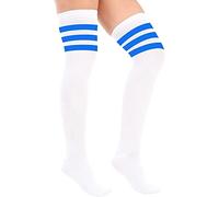 Crazy Chick® Ladies Girls Over the Knee Thigh High Socks - Womens Referee 3 Stripes Cotton Casual Boot Stockings - Long Cheerleader Socks for Daily Wear Sports Cosplay (White with Blue)