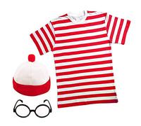 Crazy Chick® MENS LADIES RED & WHITE STRIPED TSHIRT HAT & GLASSES Fancy Dress (XX-Large)
