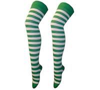 Crazy Chick New Womens Over The Knee Long Horizontal Stripe Print Ladies Thigh High Striped Patterned Overknee Socks (White/Green)