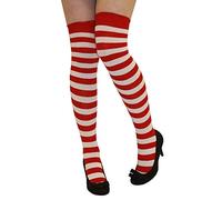 New Womens Over The Knee Long Horizontal Stripe Print Ladies Thigh High Striped Patterned Overknee Socks (Red/White)