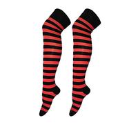 New Womens Over The Knee Long Horizontal Stripe Print Ladies Thigh High Striped Patterned Overknee Socks By Angies Fashion Ltd (black/red stripes)