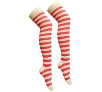 New Womens Over The Knee Long Horizontal Stripe Print Ladies Thigh High Striped Patterned Overknee Socks (White/Pink)