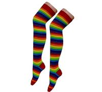 Crazy Chick New Womens Over The Knee Long Horizontal Stripe Print Ladies Thigh High Striped Patterned Overknee Socks (Rainbow)