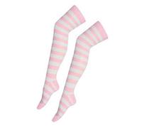 New Womens Over The Knee Long Horizontal Stripe Print Ladies Thigh High Striped Patterned Overknee Socks (White/Baby Pink)