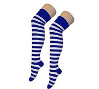 Crazy Chick New Womens Over The Knee Long Horizontal Stripe Print Ladies Thigh High Striped Patterned Overknee Socks (White/Blue)