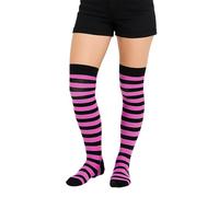 Crazy Chick® Stripe Over The Knee Socks Thigh High Girls Stretchy OTK Socks Fancy Dress (Black & Pink)