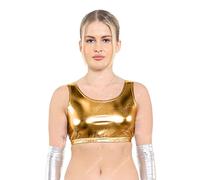 Crazy Chick® WOMEN LADIES SHINY METALLIC DANCE TANK BACK WET LOOK CROP TOP METALLIC GYM DANCE WEAR (Gold, Large/X-Large)