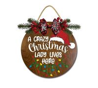 Crazy Christmas Lady Lives Here Door Hanging Sign 12 inch Wooden Wall Sign, Rustic Holiday Wreath Decor for Front Door Porch Home Window Wall Farmhouse Decorations