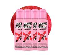 Crazy Color Vibrant Fire Semi-Permanent 4 Pack Quad Hair Dye. Highly Pigmented Pillarbox Red Conditioning & Oil Nourishing Vegan Formula No Bleach or Ammonia 400ml
