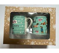 Crazy Dog Lover Gift Box Set of 2 Green White Striped Ceramic Mugs