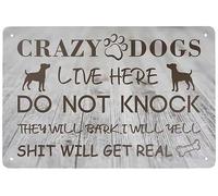 Crazy Dogs Live Here Do Not Knock Front Porch Welcome Aluminum Tin Sign Metal Wall Art Decorations Iron Painting for Indoor Outdoor Home Decor Room Door Accessories Poster Housewarming Gifts 5.5"x8"