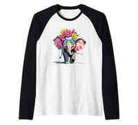 Crazy Elephant Adorable Lovable Big Eyes and Flowers Raglan Baseball Tee