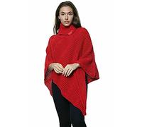 Crazy Fashion Cable Knitted Poncho for Women, Winter 3 Button Ladies Wrap Shawl Sweater Jumper, UK Sizes 8-16 (Red, 16)