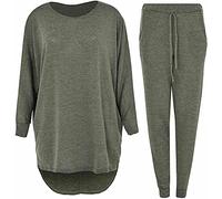 Crazy Fashion High Low Tracksuit For Women 2 Piece Long Sleeve Top & Jogger Bottoms Loungewear Suit Set UK 8-22 (Khaki, 18)