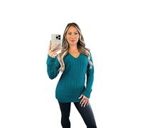 Crazy Fashion Ladies Long Sleeve V-Neck Knitted Cable Women’s Jumper Knitted Sweater Pull Over Jumper Top Knit Warm Winter Chunky Everyday Casual Pullover Plain Tops Jade UK 20-22