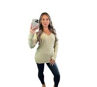 Crazy Fashion Ladies Long Sleeve V-Neck Knitted Cable Women’s Jumper Knitted Sweater Pull Over Jumper Top Knit Warm Winter Chunky Everyday Casual Pullover Plain Tops Stone UK 20-22