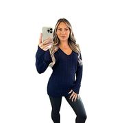 Crazy Fashion Ladies Long Sleeve V-Neck Knitted Cable Women’s Jumper Knitted Sweater Pull Over Jumper Top Knit Warm Winter Chunky Everyday Casual Pullover Plain Tops Navy UK 20-22